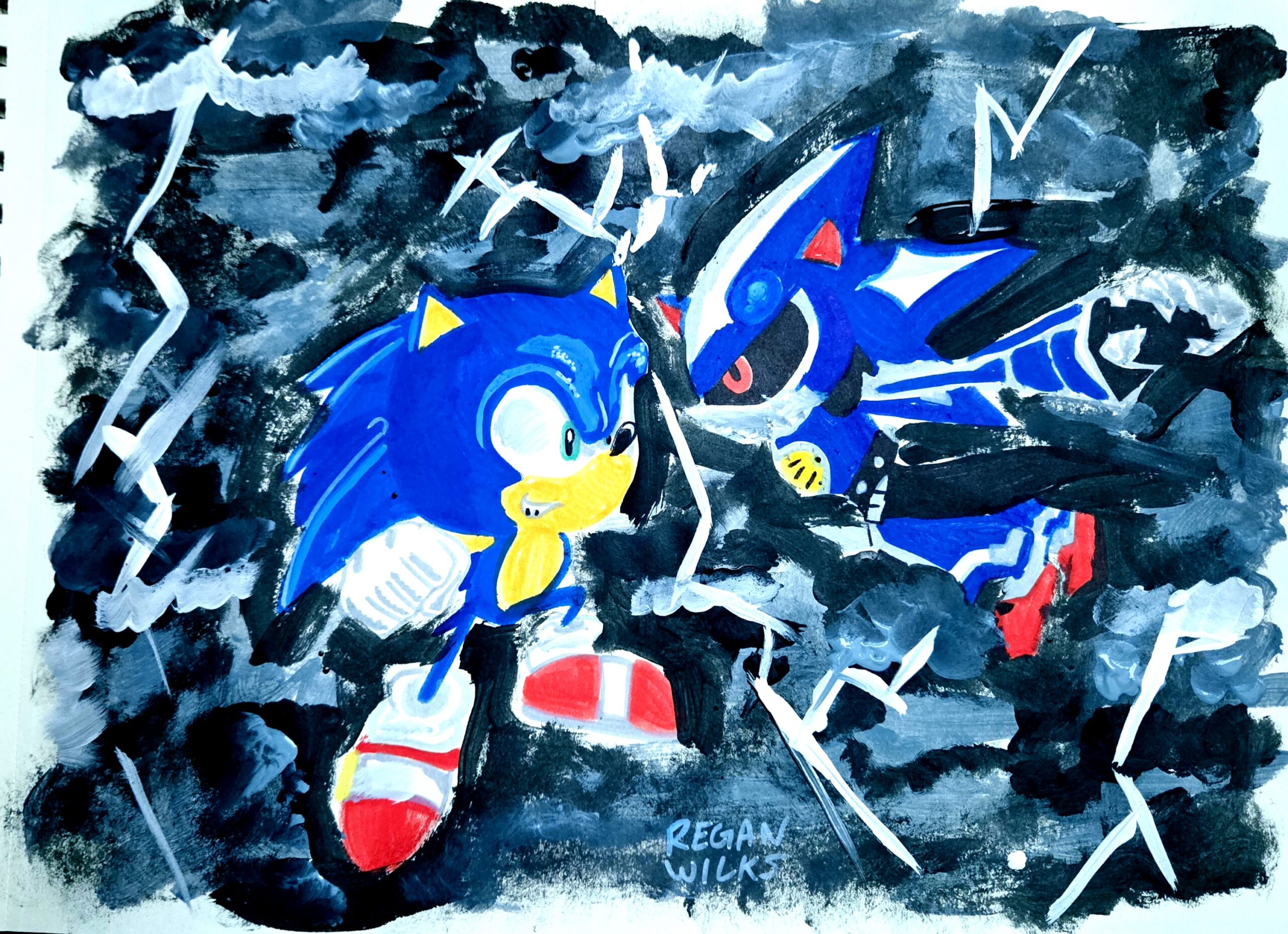 Sonic Vs Neo Metal Sonic in the dark cloudy skies